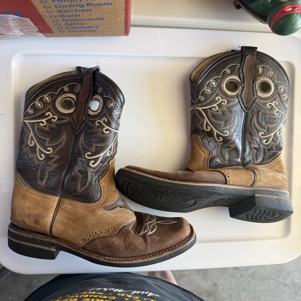 La Sierra Men's Leather Cowboy Work Boots Square Toe Brown Size 8